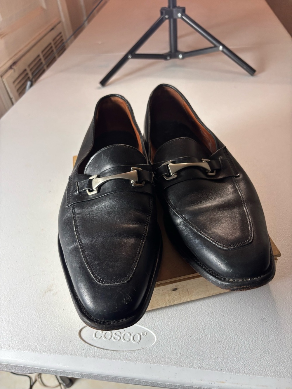 Men's Black Leather Slip-On Loafers with Metal Bit Accent